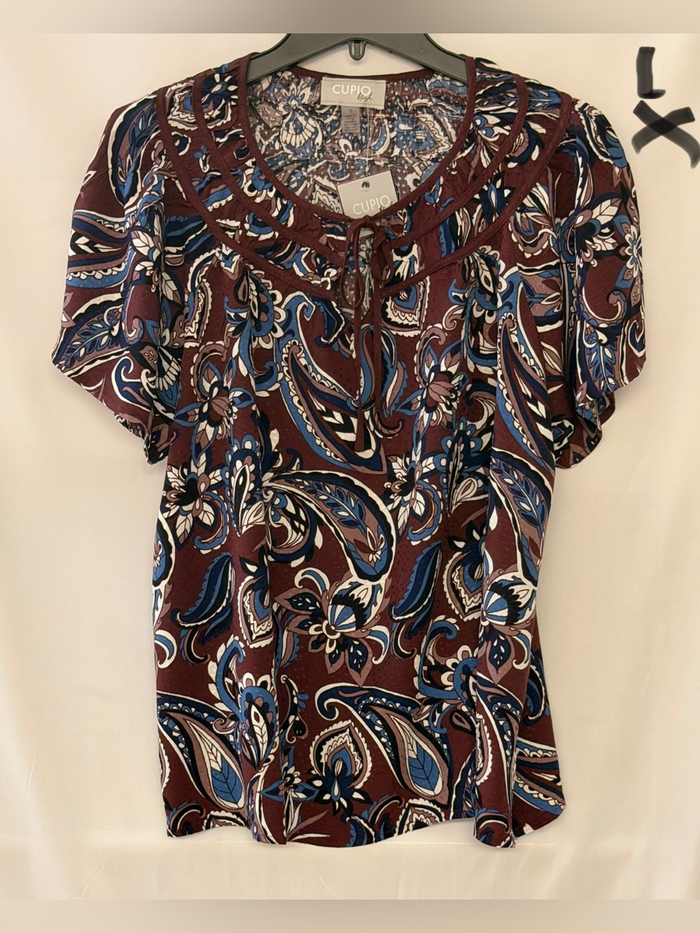 Cupio Burgundy and Blue Paisley Tie-Neck Short Sleeve Blouse